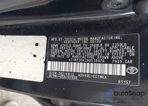 2010 Toyota Camry z USA, uszkodzony, nr VIN 4T1BF3EK2AU516076